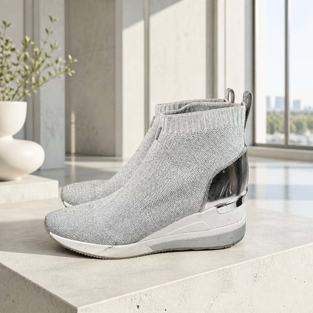 Michael Kors Skyler Metallic Silver Knit Stretch Sock Sneaker Bootie Wedge